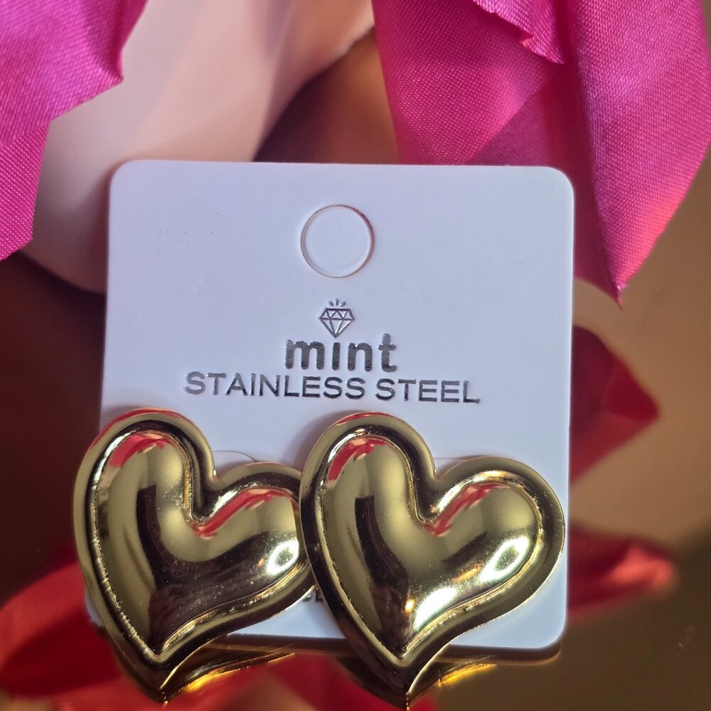 Mint Stainless Steel Gold Heart Stud Earrings | Chunky Puffy Heart Earrings | NW